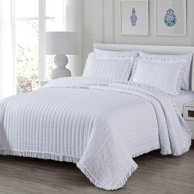 Bonnie 3-Piece 100% Cotton Quilt Set Queen Size, White - Double Frayed Ruffle... - Image 1 of 4