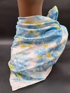Vintage Floral Scarf Square 26x26" Blue White Pale Green Pretty! - Bild 1 von 3