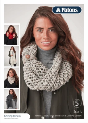 PATONS X5 KNITTING PATTERNS SCARVES, SHAWLS AND COWL - WOOL BLEND ARAN & DIPLOMA - Image 1 of 4