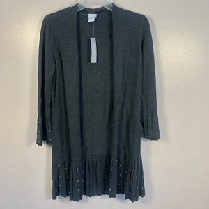 Chicos Womens Open Front Pleated Faux Pearl Cardigan Sweater Size 1 M Gray NWTs - Picture 1 of 15