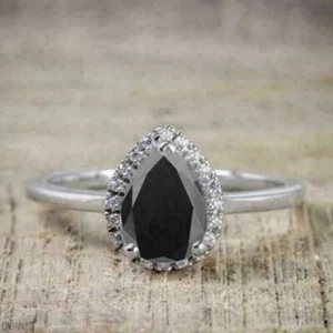 2Ct Pear Cut Simulated Black Diamond Women's Halo 14K White Gold Plated - Picture 1 of 3