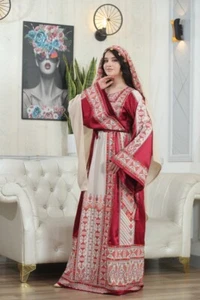 Palästinensisches Damen besticktes Thobe Kleid Tatreez weite Ärmel mit Schal - Bild 1 von 9