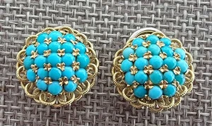 Vintage 18k Gold Turquoise Button Earrings Italy - Picture 1 of 9