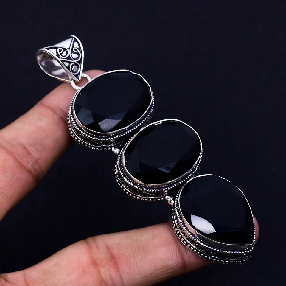 Nero Spinello Gemma a Mano 925 Pendente Argento Sterling Per Fidanzamento Regalo - Immagine 1 di 4