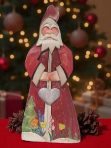 Folk Art Christmas Santa w/Heart Hand Carved 1991 Signed by Artist Thorsen - Picture 1 of 3