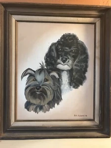 Pudel und Yorkshire Terrier, Familie Haustiere, Hund Portrait Gemälde, Bill Adams 1976 - Bild 1 von 4