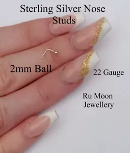 1 x Sterling Silver 2mm Plain Ball L Shape Nose Studs Piercing 22 Gauge - Picture 1 of 2