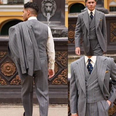 Big Striped Business Men Suits Formal Wedding Party Tuxedos Tailored Wool Blend - Image 1 of 4