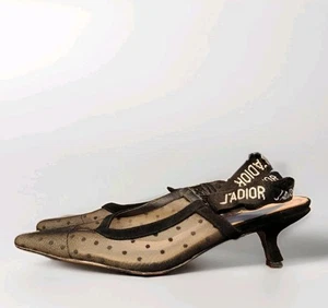 Dior Black/Beige Polka Dot Mesh and Suede J'adior Slingback Pumps - Picture 1 of 7