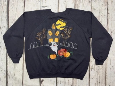 Винтажный свитшот ручной работы 90-е с круглым вырезом Halloween Haunted House Ghost Pumpkin Bats - Изображение 1 из 4