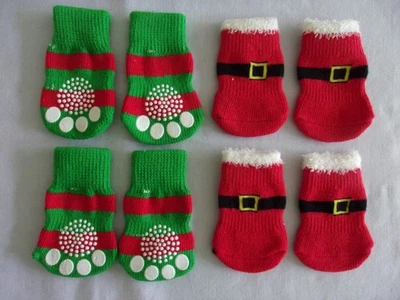 2 juegos de calcetines de Navidad para perros: rojos con cinturón de Santa/verdes con rayas rojas nuevos sin etiquetas Foto 1 de 2
