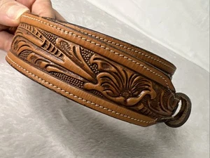 Tony Lama Vintage Tooled Leather Belt Western Brass Buckle Size 30 Brown Women's - Picture 1 of 7