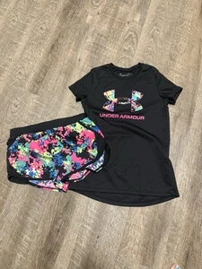 UNDER ARMOUR Girls size Y M 10/12 T SHIRT SHORTS OUTFIT - Picture 1 of 2