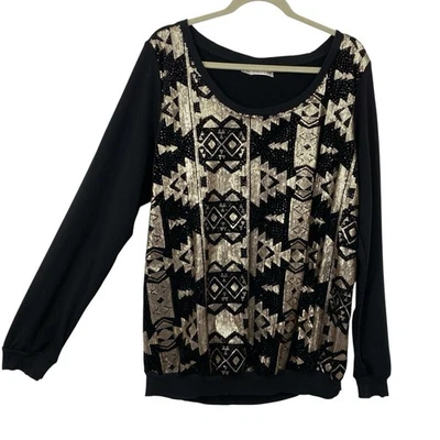Suéter Maurices Azteca Lentejuelas Mujer Talla 2X Negro Dorado Cuello Redondo Pullover Foto 1 de 4