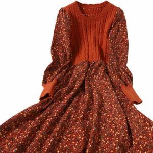 Lady Retro Japanese Dress Floral Corduroy Knitted Crew Neck with Belt Cute Dress - Picture 1 of 16