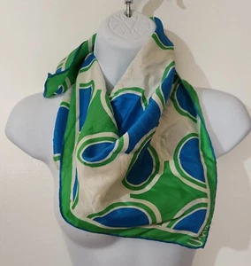 Vintage Vera Neuman Silk Scarf Neckerchief Circles Blue/White/Green Square - Picture 1 of 14