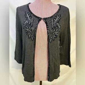NWT Jana Embroidered Beaded Gray Silver Sparkly Floral Cardigan Sweater Size M - Picture 1 of 11