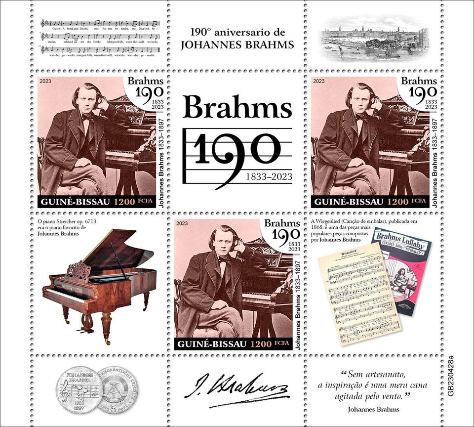 Sellos de compositor 190 aniversario de Johannes Brahms MNH 2023 Guinea-Bissau M/S Foto 1 de 1