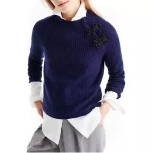 NWT J. Crew Wool Ribbed Embellished Beaded Pullover Navy Sweater - Picture 1 of 7