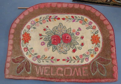 FINA ALFOMBRA ANTIGUA AMERICANA DISEÑO BIENVENIDA ENGANCHADA A MANO PRINCIPIOS DE 1900 Foto 1 de 4