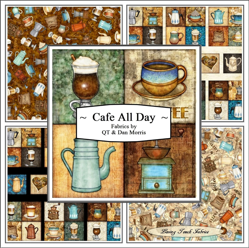 QT, DAN MORRIS, CAFE ALL DAY, COFFEE, CUPS, POTS, LATT'E, FABRICS - Image 1 of 1