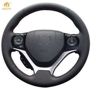 Black Genuine Leather Steering Wheel Cover for Honda Civic 9 2012-2015  #0540