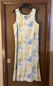 Vintage Jane Ashley Hawaiian Maxi Dress Floral Tan Linen Blend Buttons 90s M - Picture 1 of 6