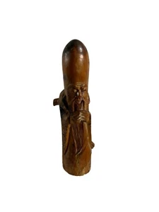 Vtg Hand Carved Wood God of Longevity Figure Statue Elongated Head Smiling - Picture 1 of 10