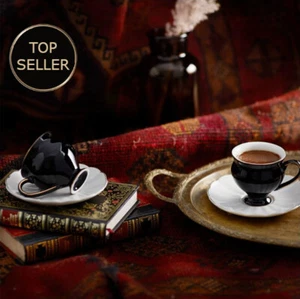 ARABIC TURKISH OTTOMAN PORCELAIN ESPRESSO CUP SET OF 2 KARACA BLACK SWAN - Picture 1 of 4