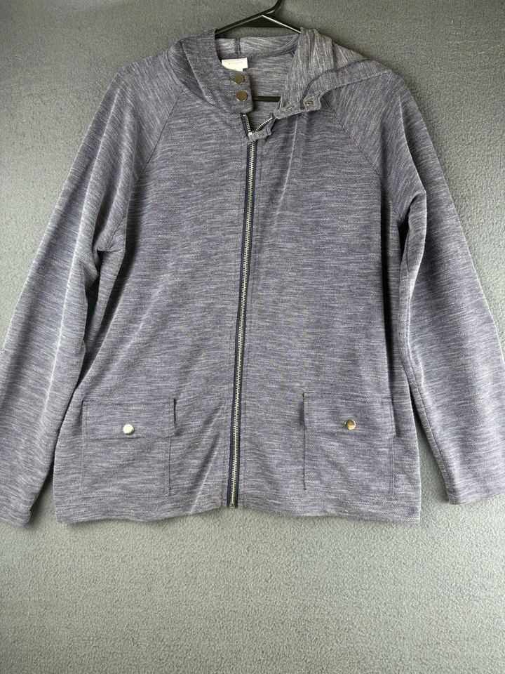 Weekends By Chicos Blue Zip Front Jacket Size 2 Large Hooded Pockets - Image 1 of 4