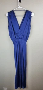 Vestido midi Banana Republic Petite pequeño azul sedoso rayón en V profundo para mujer - Imagen 1 de 9