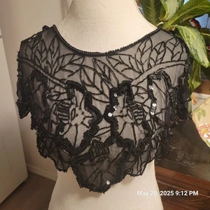 Shoulder Shawl Scarf Beaded Sequins Black Mesh Vintage - Picture 1 of 3