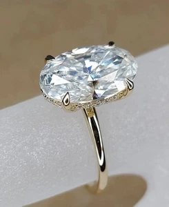 10K Yellow Gold Band, 5 Ct Crushed Ice Oval Moissanite, Diamond Hidden Halo Ring - Picture 1 of 4