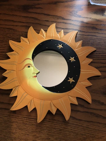 MOON & STARS MIRROR 11.5” Hand Carved & Painted NEW YELLOW Cover