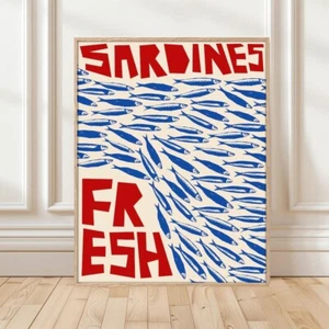 Blue Sardines Poster, Sardines Wall Art, Retro Sardines Poster no framed - Picture 1 of 4