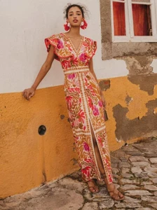 Flying Sleeved Flower Print Split Maxi Dress Women Fashion V Neck Backless Robes - Picture 1 of 22