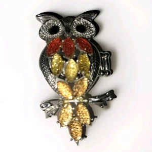 Jeweled Owl Ring Stretch Band Size 9+ Up Silver Orange Yellow Amber Fall Colors - Picture 1 of 3
