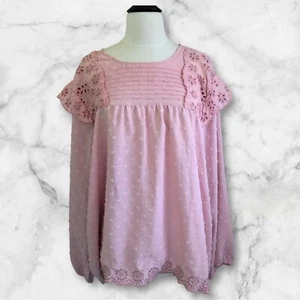 Womens Size 3X Pink Eyelet Lace Long Puff Sleeve Top Blouse Textured Cottagecore - Picture 1 of 10