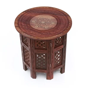 Indian Handcarved 15 Inch Wooden Side/End Table with Brass Inlay on Floral Motif - Picture 1 of 6