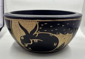 Hand carved ebony black wooden bowl, african like, rabbit, house, tree 8 inch - Picture 1 of 11