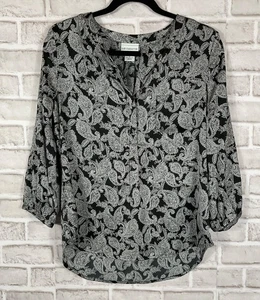 Liz Claiborne Top Womens Sz Small Black Ivory Paisley V-Neck Button Long Sleeves - Picture 1 of 6