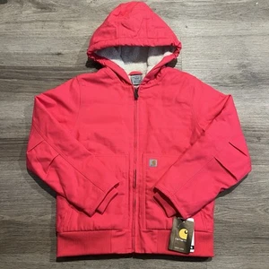 New Youth Pink Carhartt Duck Canvas Jacket Coat Medium 10/12 Sherpa Lined Hooded - Picture 1 of 8