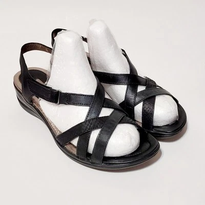 Sandalias Ecco con tiras cuña baja cruzada cuero negro con correa Wms 38EU 7US Foto 1 de 4
