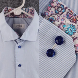 Eton Striped 16.5 Blue Cotton Romania Brighton Shirt Convertible Cuff Button Up - Picture 1 of 20