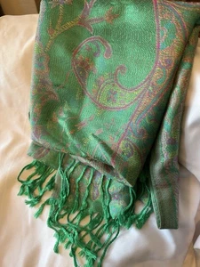 Pashmina Sea Green Paisley Print  Rectangular Fringe Edge Boho Scarf Wrap 28x56” - Picture 1 of 17