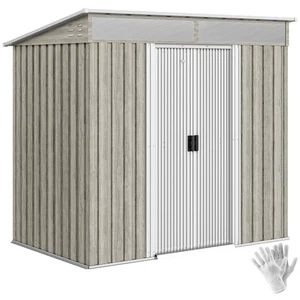 Outsunny 6.5x4FT Garden Shed Lockable Metal Tool Shed Light Grey Wood Effect - Picture 1 of 11