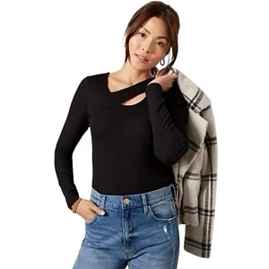 LNA Top Womens Size XS Black Emelie Rib Long Sleeve Asymmetrical Cutout Pullover - Picture 1 of 8