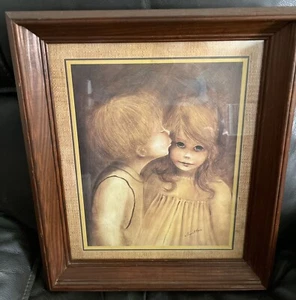 A Little Kiss First Kiss Print by Margaret Keane (Kane) Vtg MCM Big Eyes - Picture 1 of 4