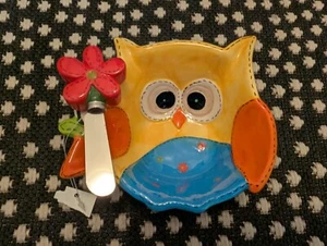 YOUNGS Yellow Ceramic Owl Appetizer Dip Bowl & Floral Spreader Heartfelt NEW - Picture 1 of 9