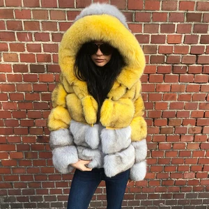 Women Coat Natural Real Blue Fox Fur Collar Warm Thick Hooded Streetwear Jacket - Picture 1 of 6